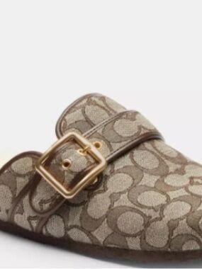 COACH Monogram Slip-On Mule with Gold Buckle - Brown/Tan